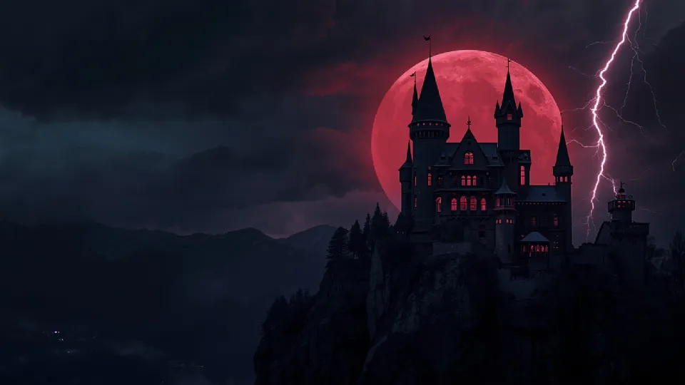 Vampire's castle on a mountain cliff with lightning and red moon 